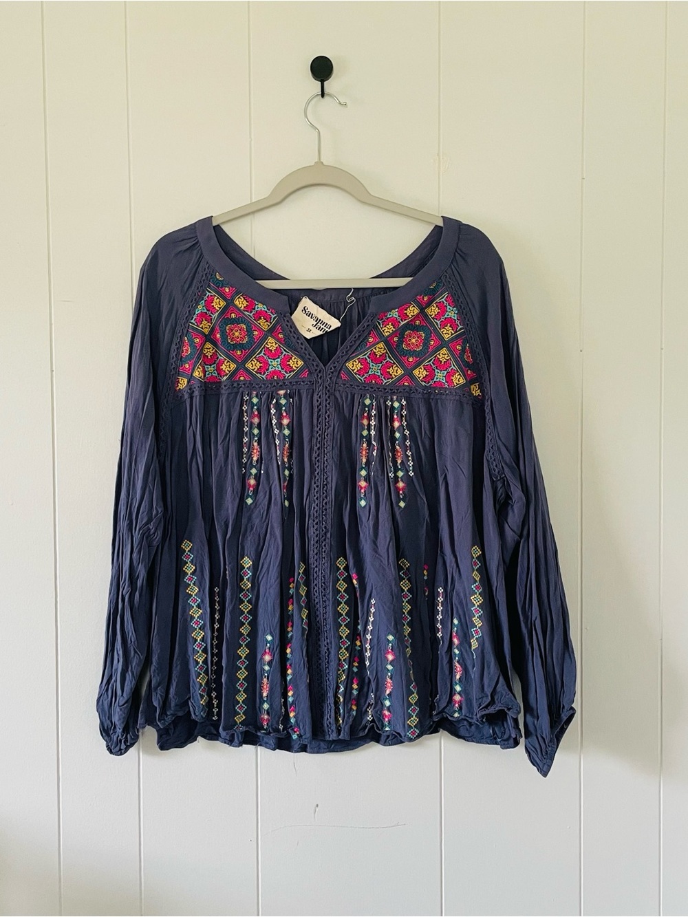 Savanna Jane Navy Embroidered Boho Blouse with Pink and Green Accents